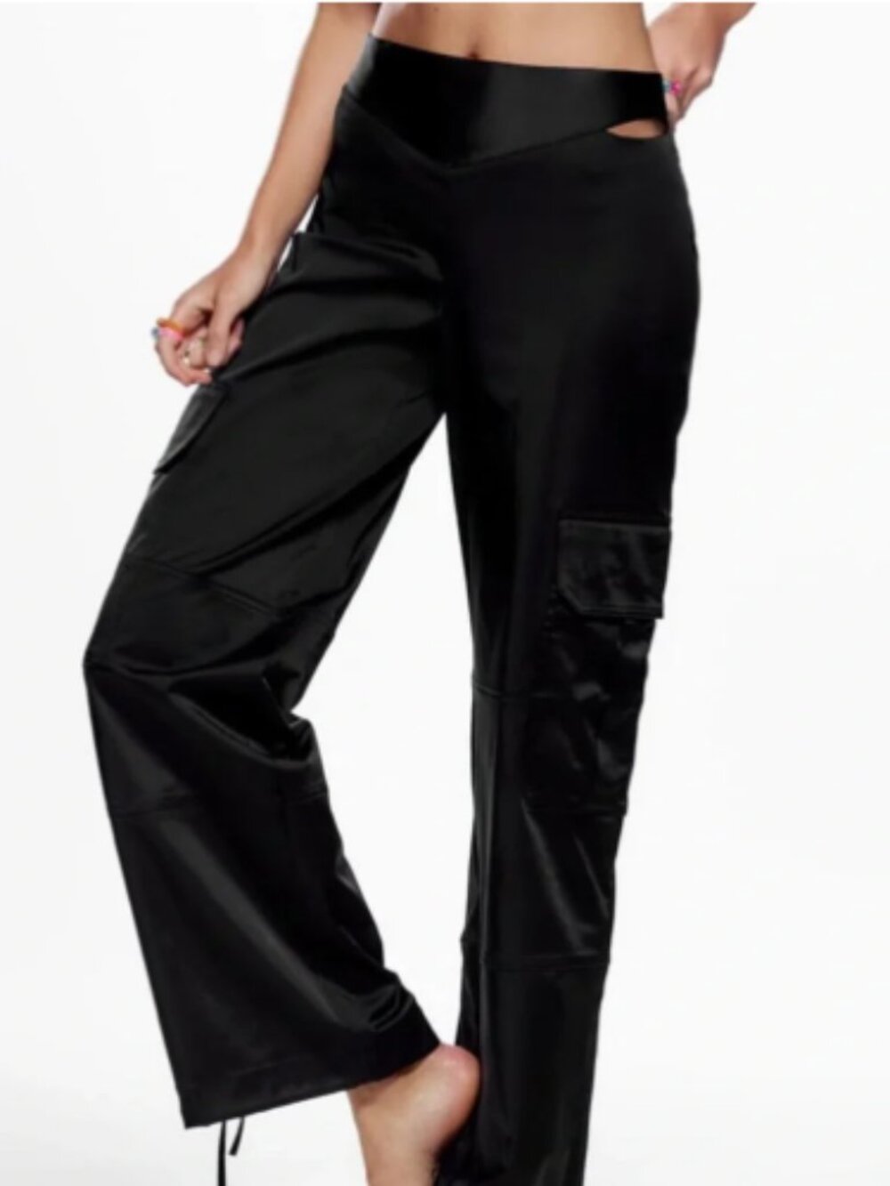ZARA Satin Effect Cutout Waist Cargo Pants Black Utility Streetwear Size XS